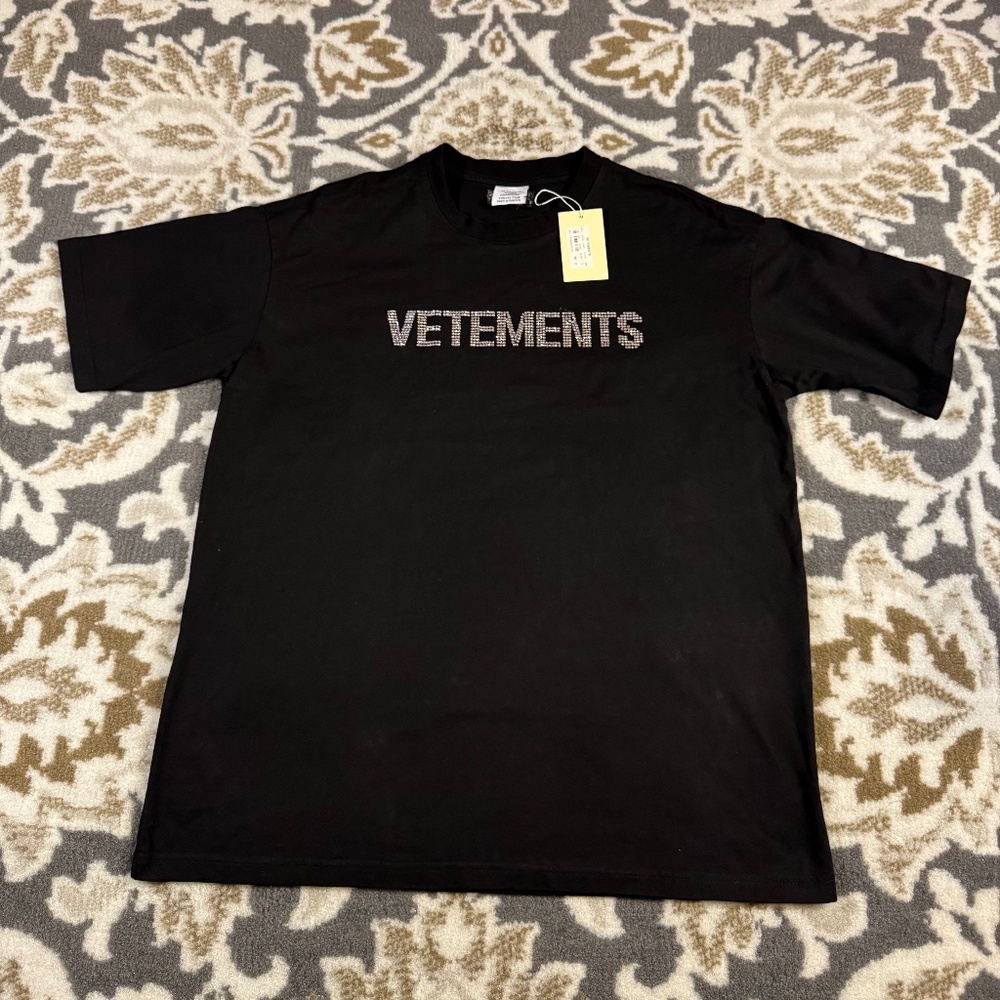 Men’s Vetements Black Rhinestone Logo Oversized T-Shirt Size Large